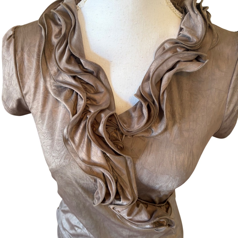 Y2K Taupe Waterfall Ruffle Faux Wrap Top Metallic Small Ruched Glam Romantic - Picture 2 of 7
